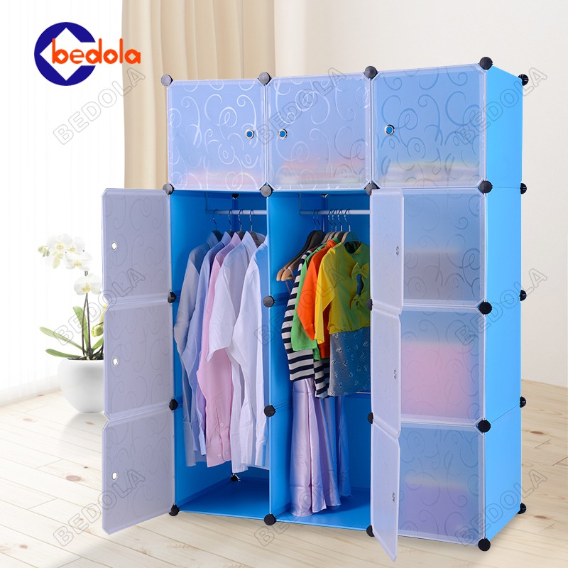 Bedola Lemari pakaian rak serbaguna susun plastik lemari portable baju 12kotak+2 gantungan