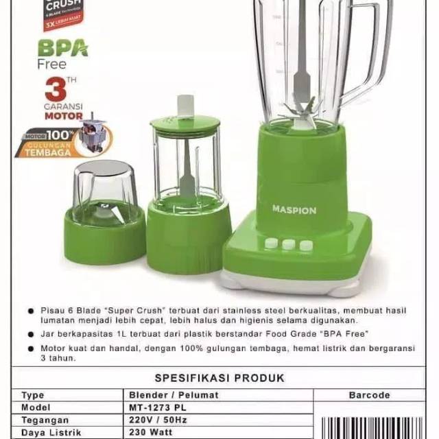 Maspion Blender Plastik 3 In 1 MT 1273 PL