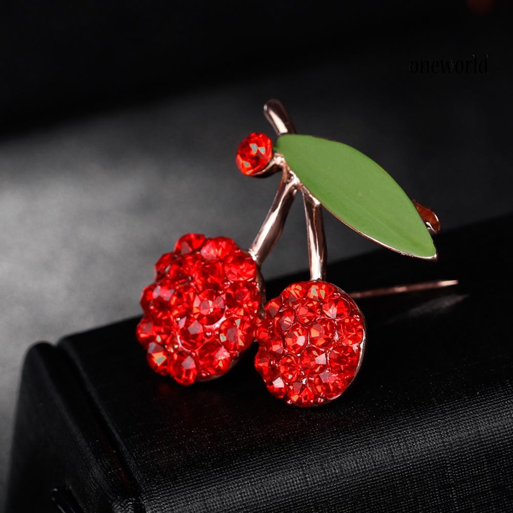 OW@ Women's Gorgeous Cute Red Rhinestone Cherry Leaf Fruit Brooch Pin Accessory