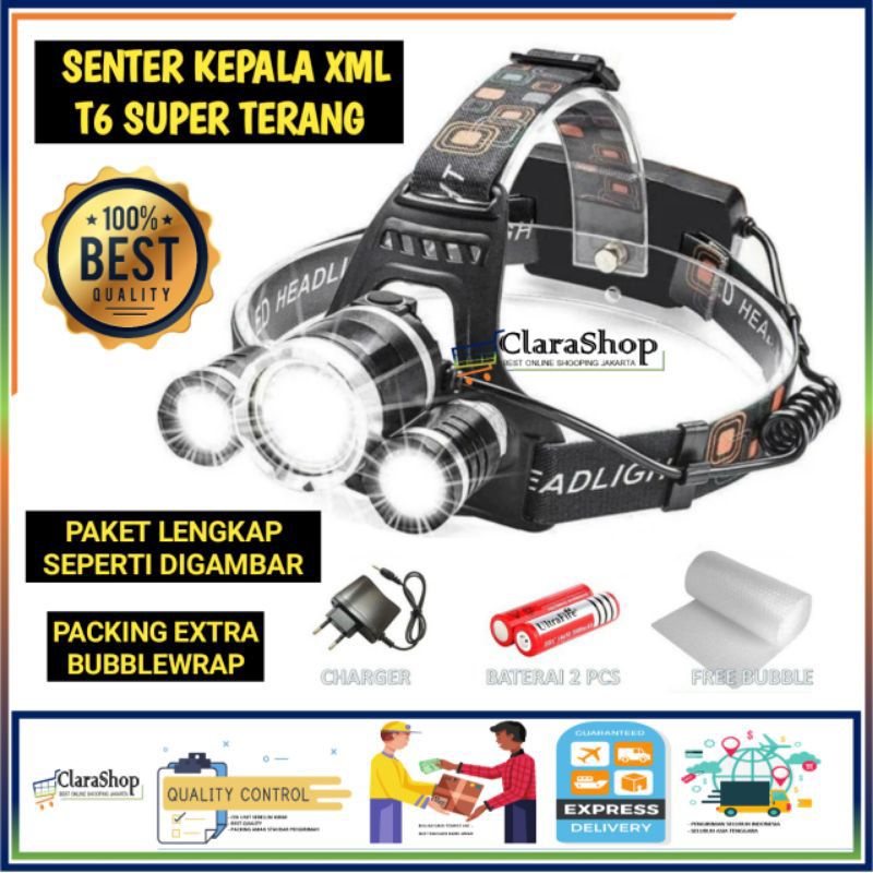 Senter kepala Led XM-L T6 5000 LUMENS Headlamp Ori Super Terang Murah Gratis Baterai dan Charger