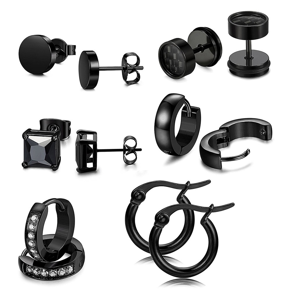 Hu Hu Hu Hu Hu Alat Bantu Pasang Kacamata♡ 6 Pasang Anting Stud Bahan Stainless Steel Aksen Berlian Imitasi Untuk Unisex