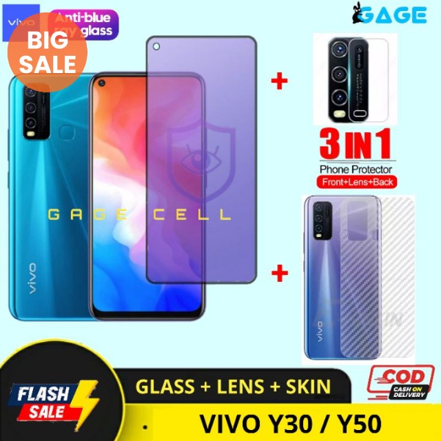 COD 3IN1 Tempered Glass Anti Blue Light Full Layar Vivo Y30 Y50 Tg Anti Gores Glare Premium