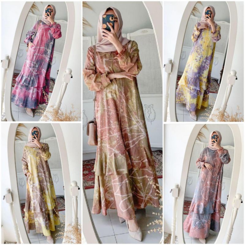 Gamis Jumputan Widya katun micro tiedye model rumbai