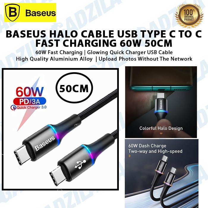 BASEUS HALO KABEL DATA CHARGER POWERBANK USB TYPE C TO C CABLE QC SUPER FAST 60W - 50CM