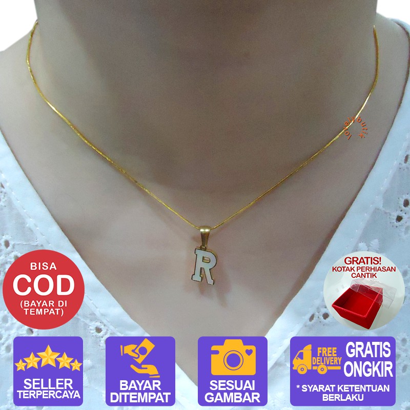 Lovelybutik Shell Kalung Huruf Titanium Anti Karat Kalung Anak Inisial A-Y BONUS KOTAK PERHIASAN