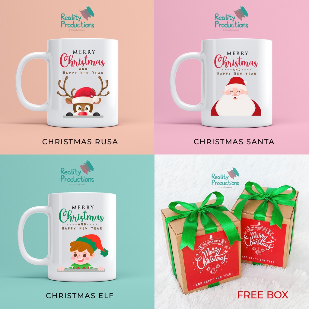 Mug Santa Clauss Elf Deer Merry Christmas and Happy New Year Free Box untuk Kado Hampers Natal