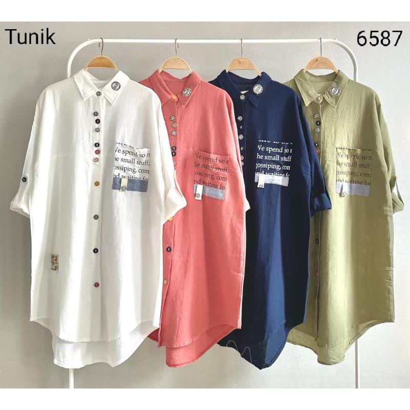 Tunik Atasan Kemeja Katun Linen Import LUBANA variasi saku dan bordir kerah/fashion wanita
