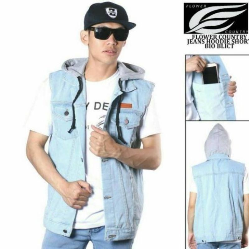 Jaket Jeans Rompi Hoodie Tangan Pendek - Jeans Hoodie Short