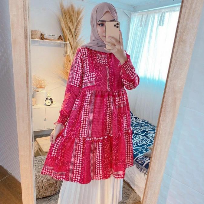 Baju Muslim Wanita Tunik Laura Motif Warna Pink Fanta Maxmara Busui