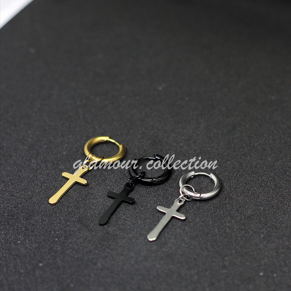 Anting Tindik Telinga Pria Titanium Model Bulat/Ring Bandul Salib Ala Kpop SILVER 10MM