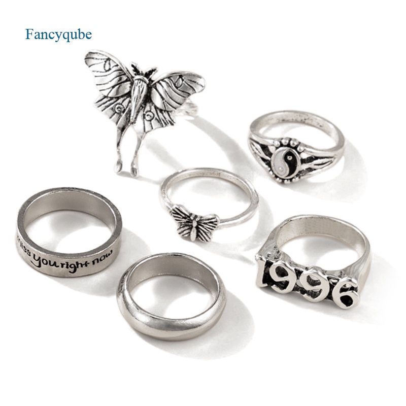 Fancyqube 6pcs / Set Cincin Desain Kupu-Kupu Tulisan 1996 Tai Chi Warna Silver Gaya Vintage Untuk Pria Dan Wanita