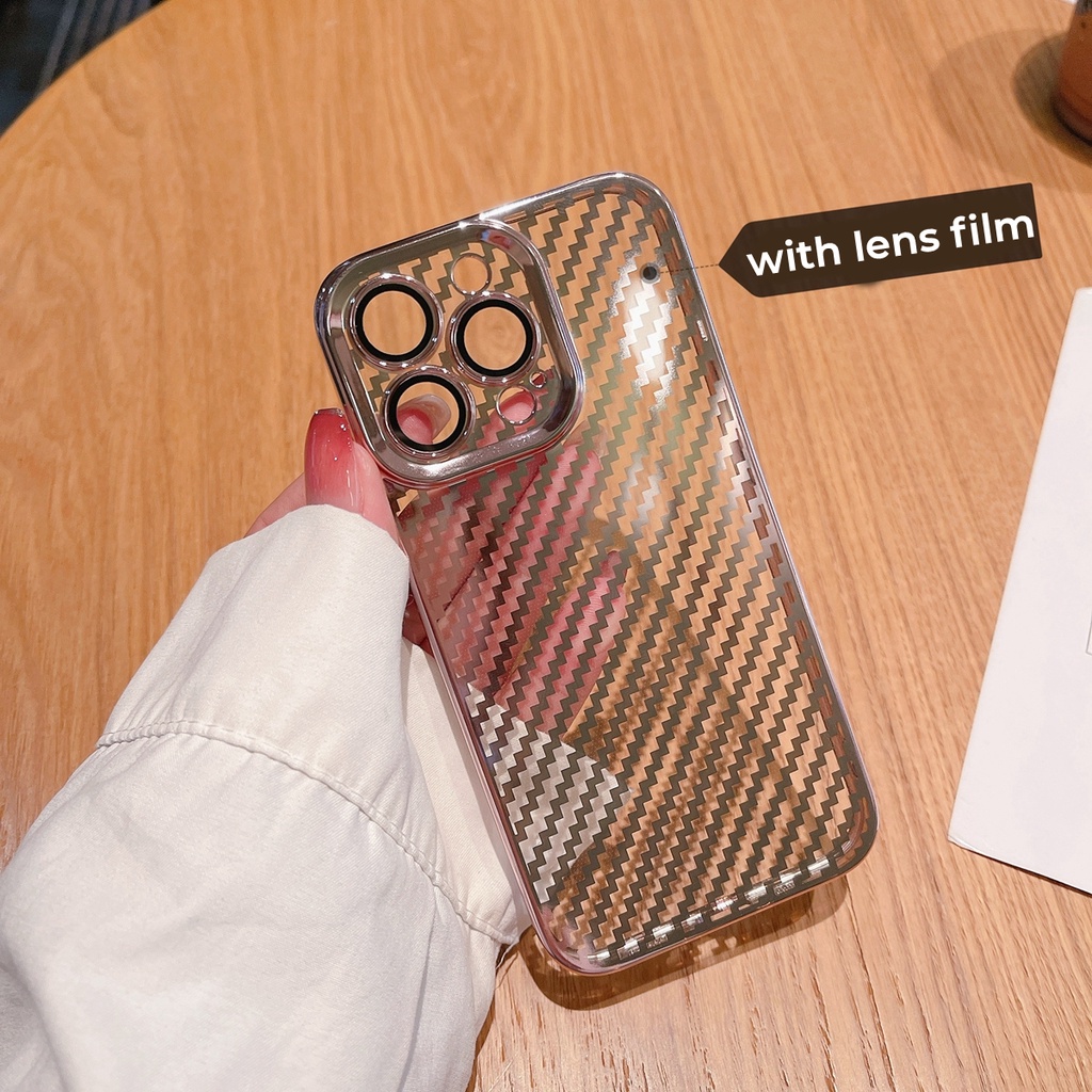 Soft Case Motif Carbon Fiber Dengan film Lensa shockproof Untuk iPhone 13 Pro MAX 11 Pro MAX 12 Pro MAX