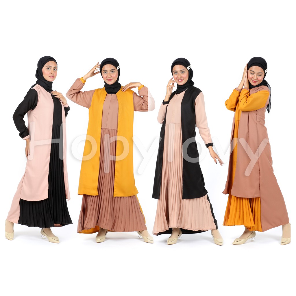 Dress Plisket Model Outer Two Tone bahan Moscrepe / Gamis Maxi Dress Wanita Motif 2 Warna