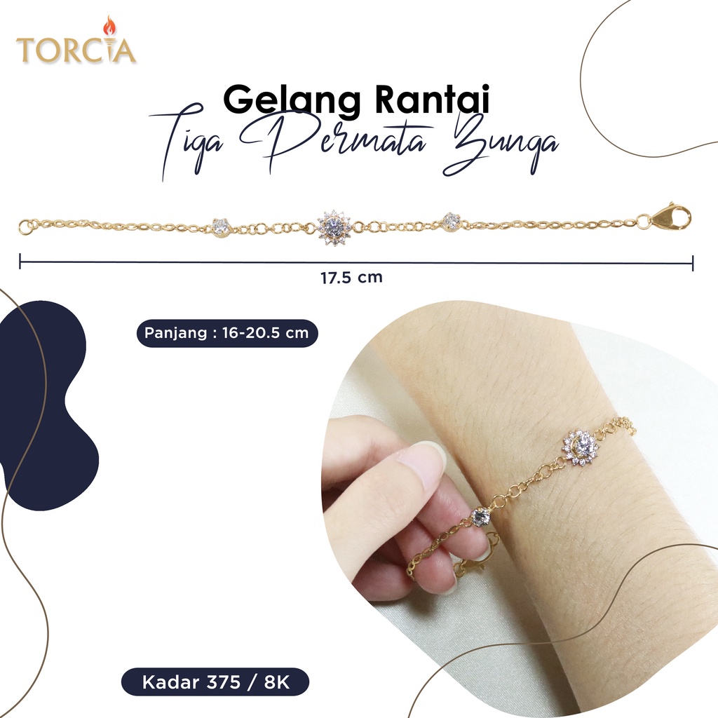 Gelang Rantai Emas Asli Tiga Permata Bunga Kadar 375 Torcia