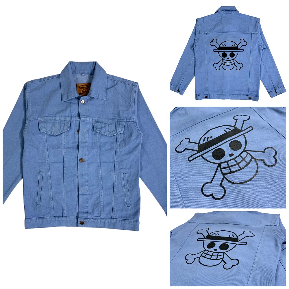 jaket jeans pria - jaket denim distro - motif sablon belakang biru op