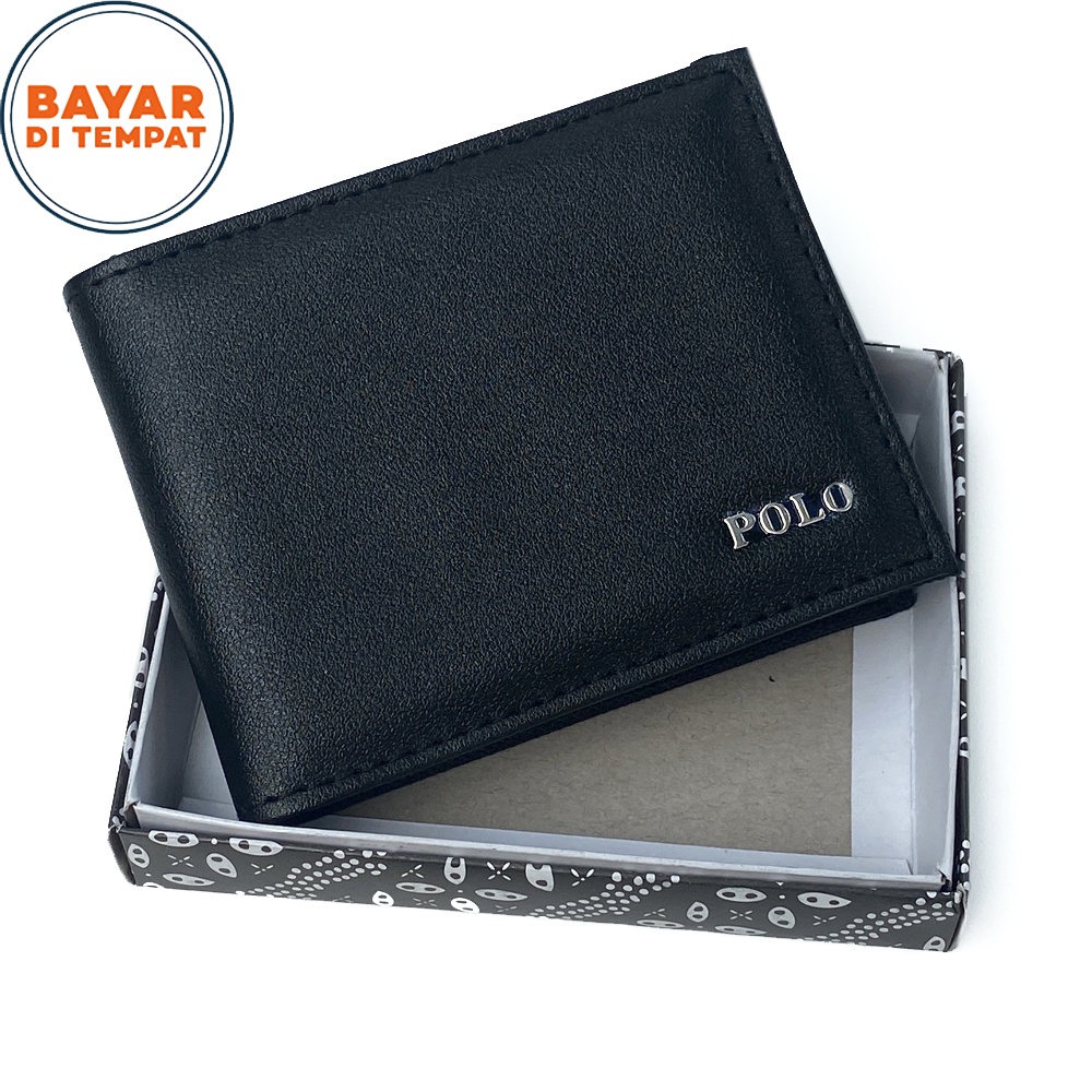 11.11&amp;12.12 BIG SALE!! Fashion Pria dan Wanita Dompet Kulit POLO Pendek Dompet Kulit PU iMport Dompet Lipat Dua Model Bifold - Black + free box