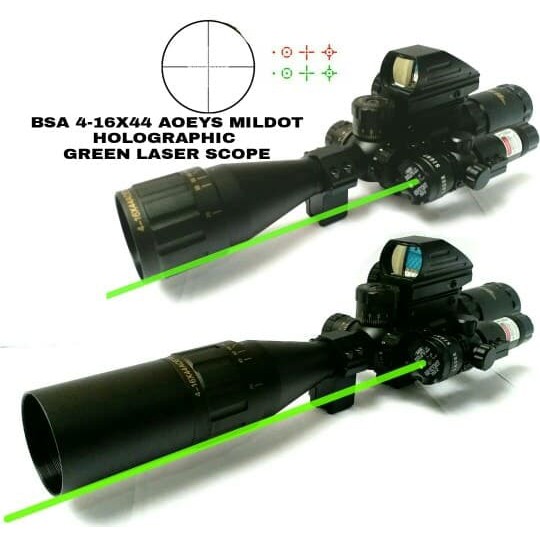 Telescope Riflescope BSA 4-16x44 AOE IR Mildot with Holographic Red Green Dot + Green Laser Scope