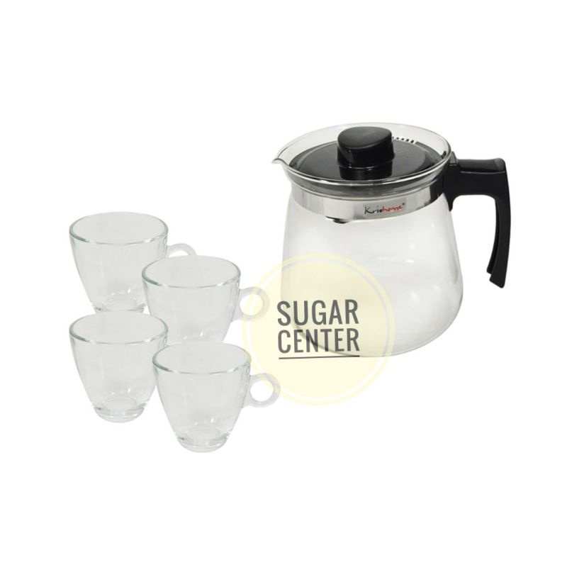 Krishome Set Teko dan Gelas 4 Pcs/Wadah Minum Set/Tea Pot/Set Teko Kaca dan Gelas Kaca