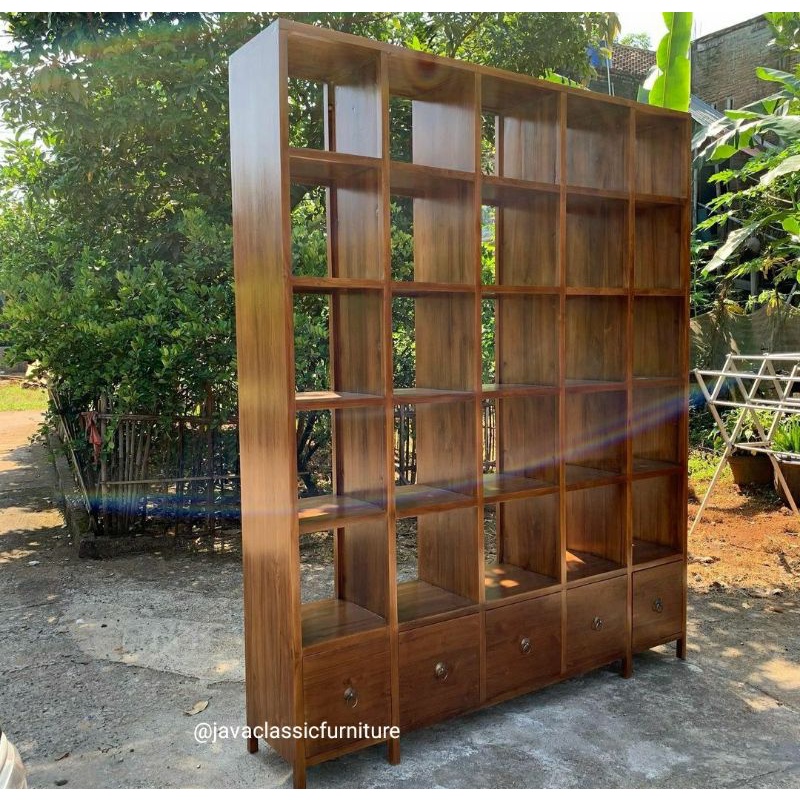 RAK BUKU MINIMALIS PENYEKAT RUANGAN TV MINIMALIST ALMARI PAJANGAN RUANG TAMU PARTISI POT BUNGA BAHAN KAYU JATI-1