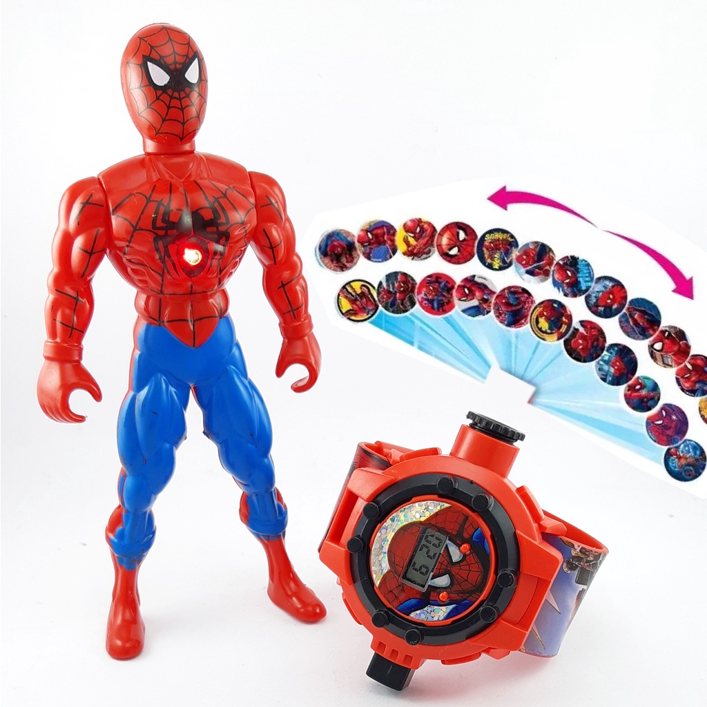 JAM TANGAN ANAK LAKI LAKI SPIDERMAN LAMPU PROYEKTOR 1 SET DENGAN MAINAN