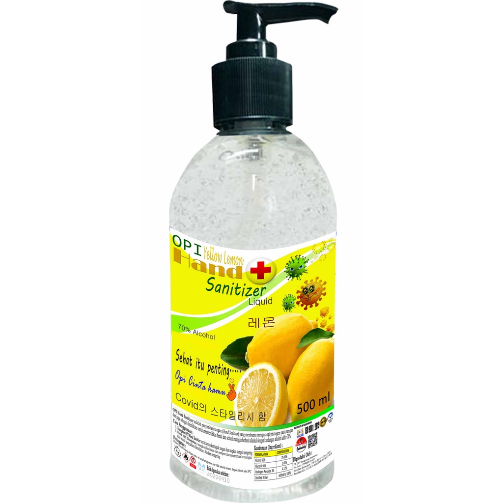 Hand sanitizer gel 500 ml pump dan 1 Liter Labor OPI Hand Sanitizer Yellow Lemon sudah ada izin edar resmi by Oke sabun suplayer 2