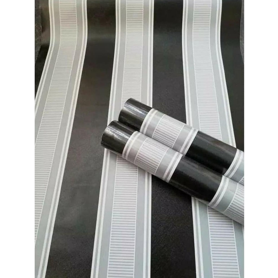 (PROMO) Gudang 10 Meter Wallpaper Dinding Kamar Tidur Motif Salur Hitam / Anti Air 45 CM x 10 Meter (COD)