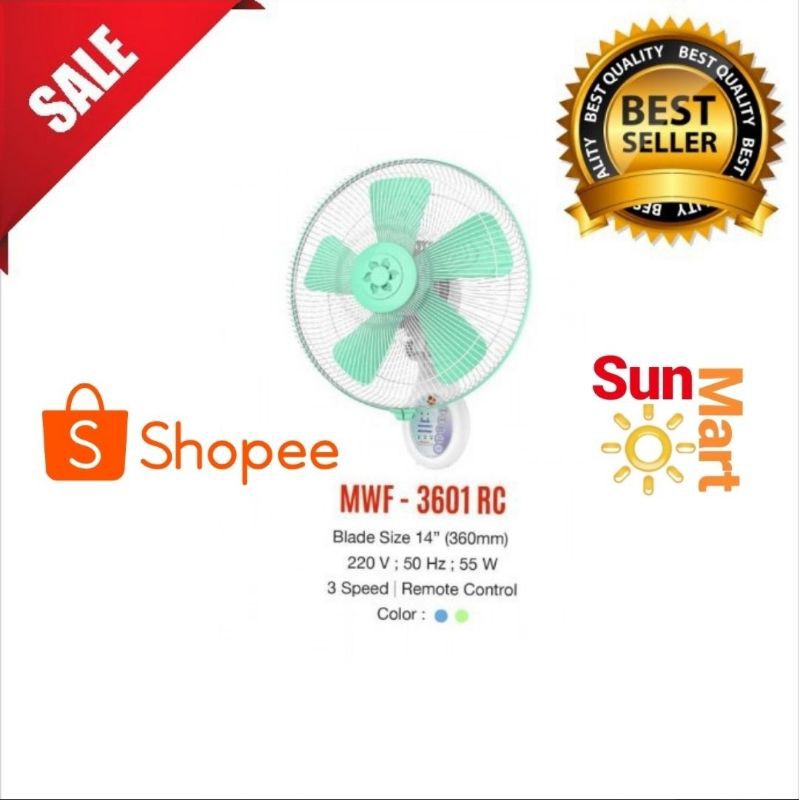 BEST PRICE!! Wall Fan Maspion 14 Inch With RC Remot dinding MWF 3601