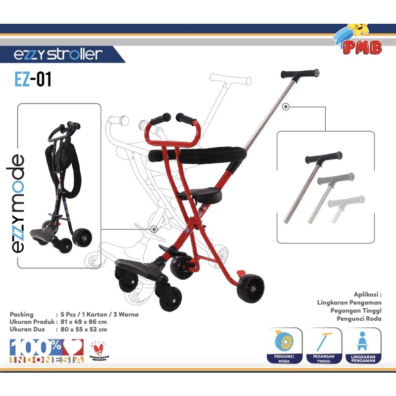 Stroller Anak PMB Ezzy EZ01 EZ02 Kereta Dorong Balita Trike Sepeda Anak Lipat SNI Garansi-Merah