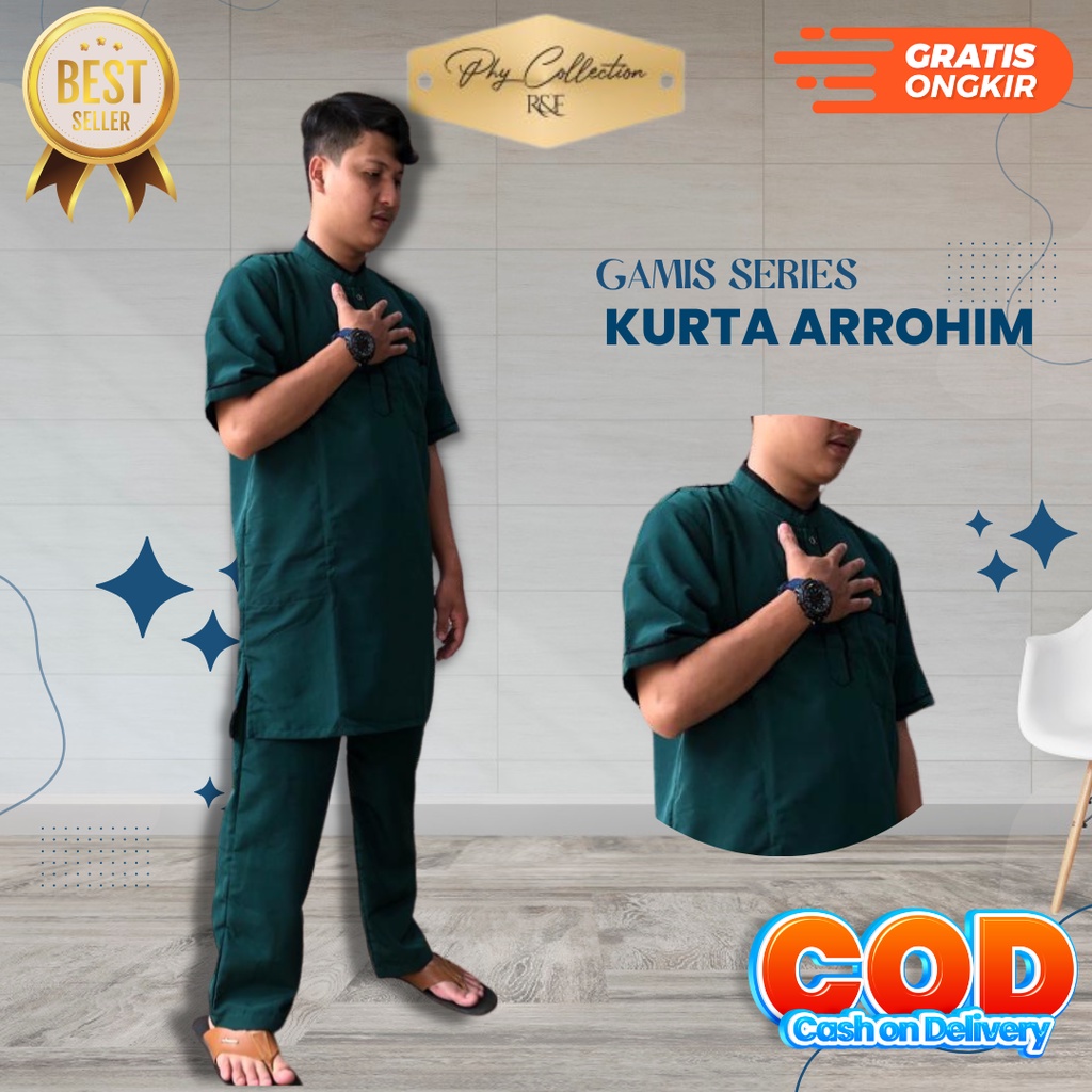 Baju Stelan Koko Pakaian Muslim Kurta Pakistan Pria Dewasa Lengan Pendek Ukuran M L XL XXL [ARROHIM]