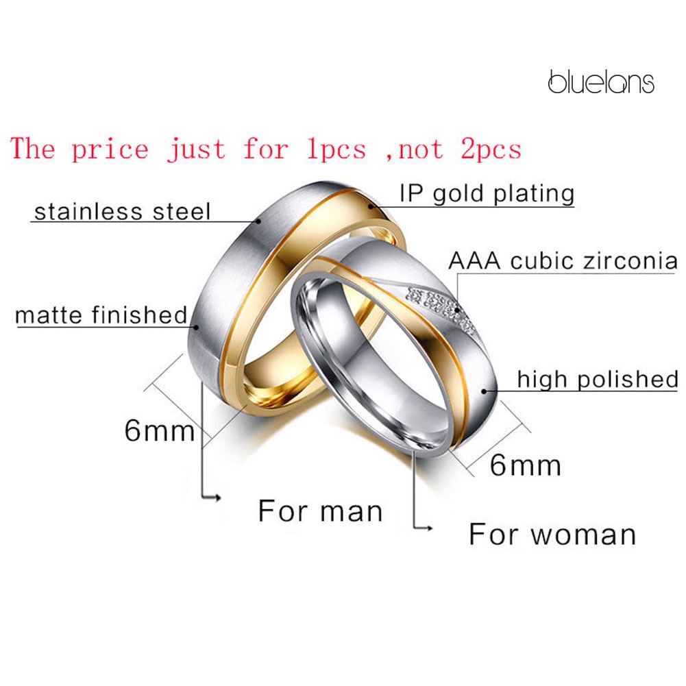 Bluelans Fashion Gold Plated Titanium Steel Lover Ring Wedding Band Bridal Jewelry Gift