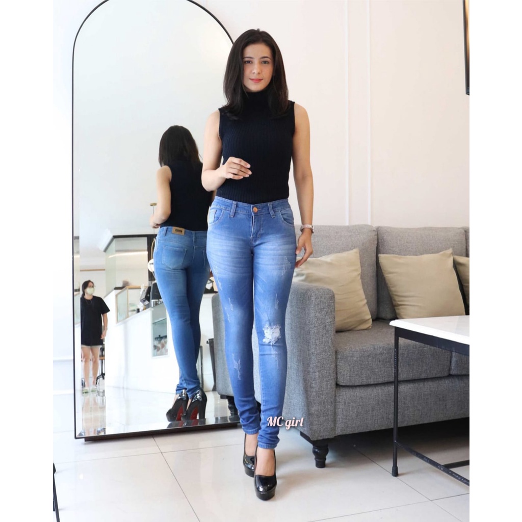 MC girl - Celana Jeans Sobek Ada Lapis Warna Biru Stun Wanita / Celana Lepis Panjang Sobek Cakar Biru Stone / Celana Denim Skinny Pensil Ripped Tidak Tembus