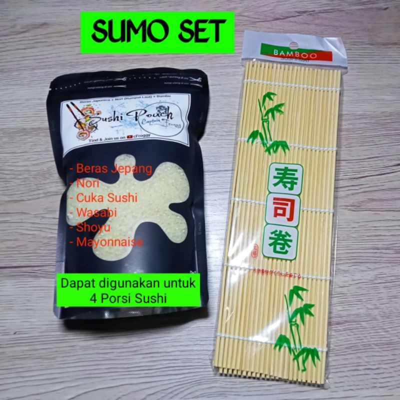 

PAKET BAHAN SUSHI - SUSHI POUCH 365g - SUMO SET (BERAS JEPANG + NORI + BUMBU + TIKAR PENGGULUNG)