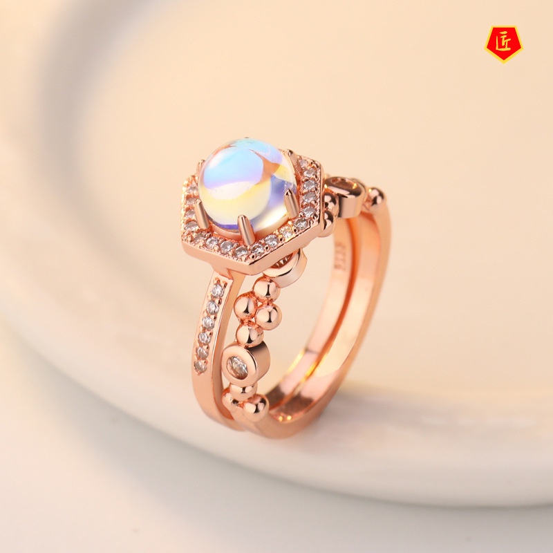 [Ready Stock]Inlaid Moonstone Ring 925 Silver Simple All-Match