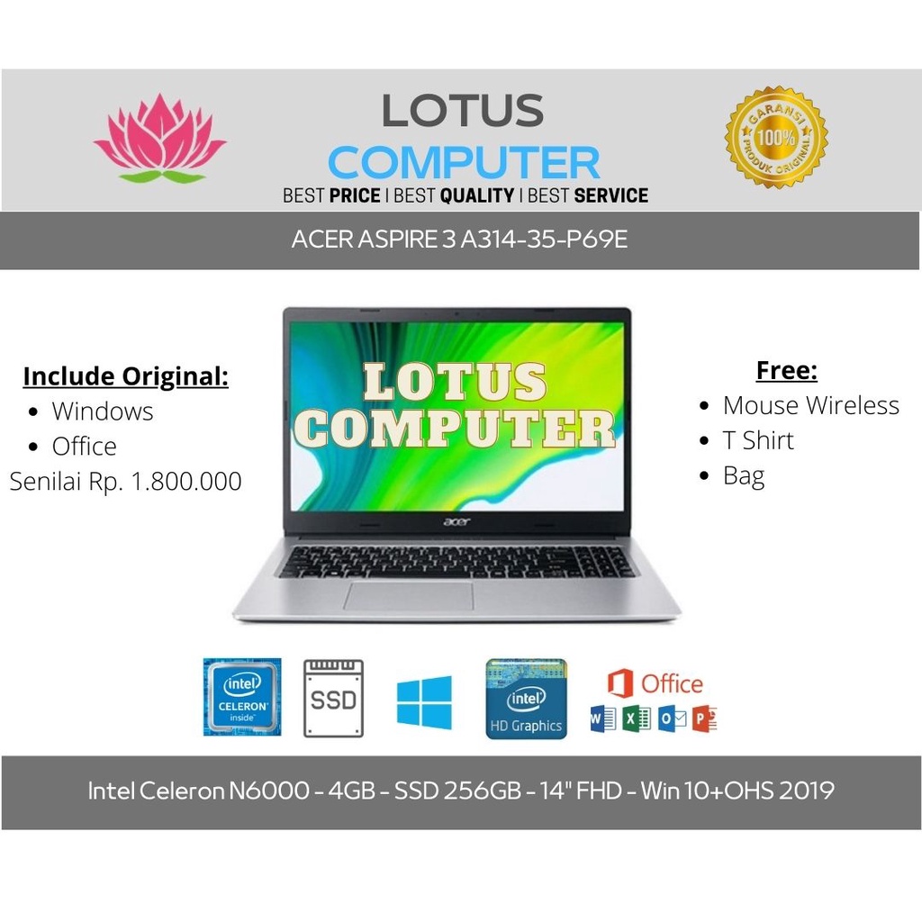 ACER Aspire 3 A314-35-P69E/N6000/4GB/256GB/14"FHD/Win 10+OHS'19/Silver