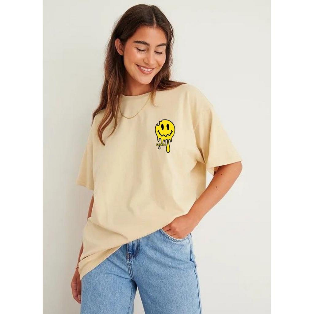 Kaos Pria Wanita Smile Logo Simple / T-shirt Distro Bandung Murah / Baju Pria Warna Beige Lengan Pendek / Kaos Fashion Ootd Keren