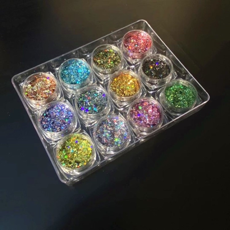 12 WARNA BUBUK FLAKES FLASH SHINNING CRYSTAL / FLAKES HIASAN NAILART CAPSULATED BLING BANGET MENYALA DI FLASH HOLOGRAM NAIL ART