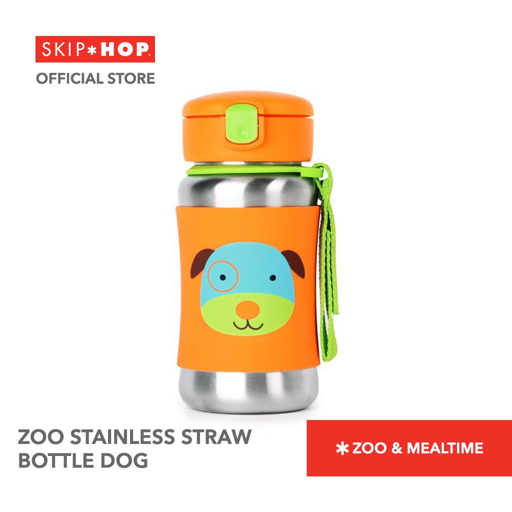 SKIP HOP Zoo Stainless Straw Bottle  (3Y+) Dengan Strap / Botol Minum Anak Stainless Steel  / Anti Karat/ SKIPHOP ZOO / SKIP HOP ZOO SS BOTTLE / Botol Minum Sekolah anak / anti tumpah/ Botol minum stainless anak lucu karakter /Tahan Lama Panas dan Dingin