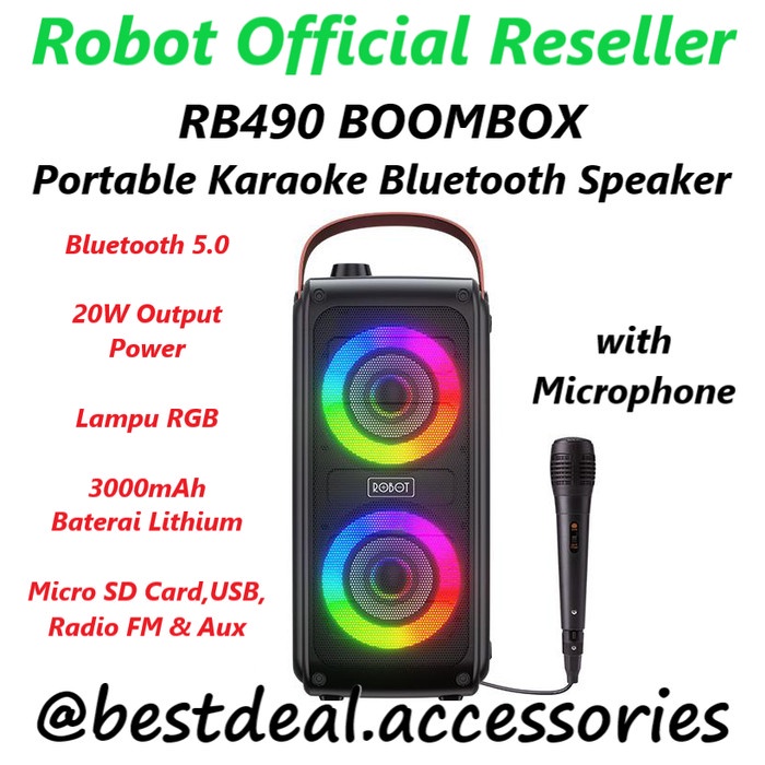 Robot Rb490 Boombox Portable Bluetooth Karaoke Bluetooth Speaker + Mic