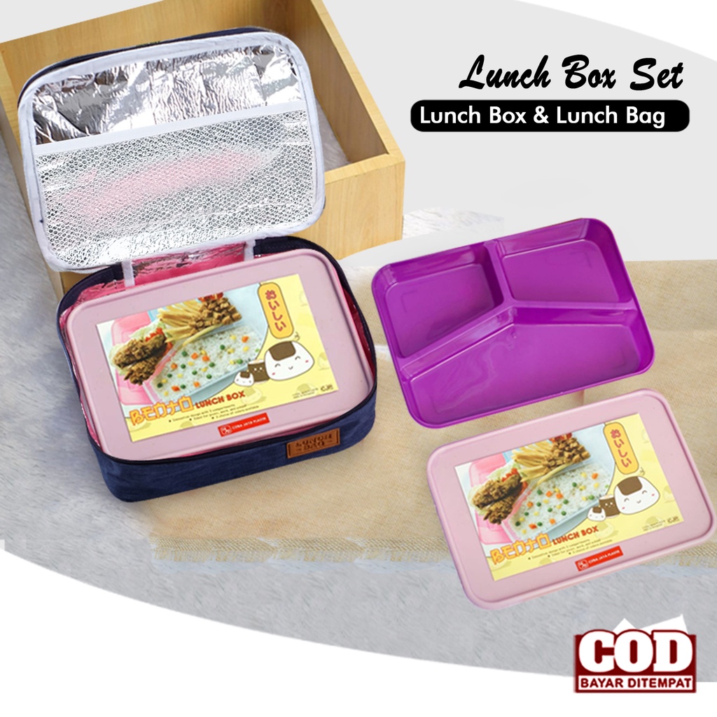 Set Kotak makan dan tas bekal aluminium foil bento lunch box anti bocor lunch bag waterproof murah