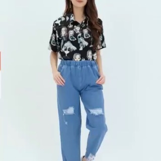 HOPYLOVY Celana  Boyfriend  Jeans Wanita Pinggang  Karet  