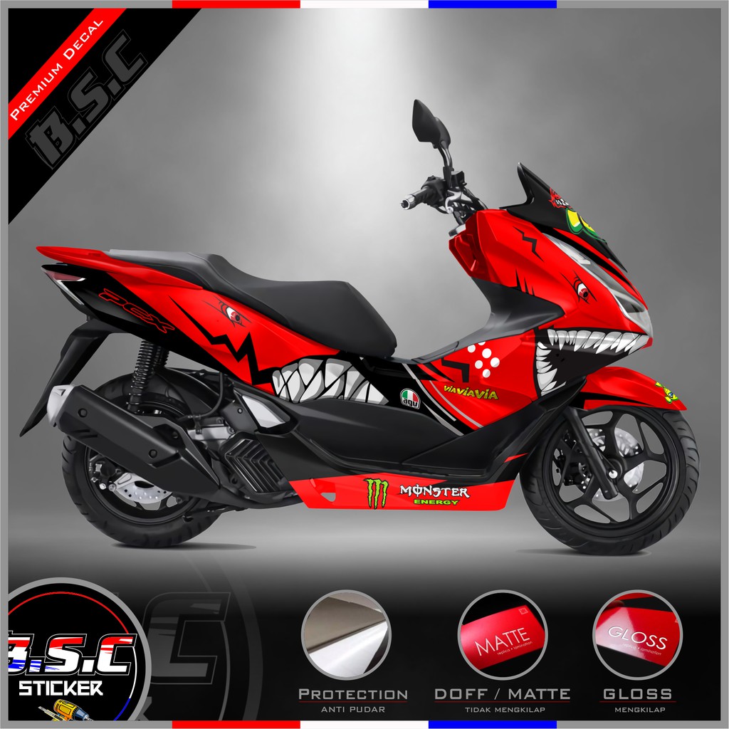 Sticker Motor Stiker Decal FULL BODY All New PCX 160 Motif Shark (Red)