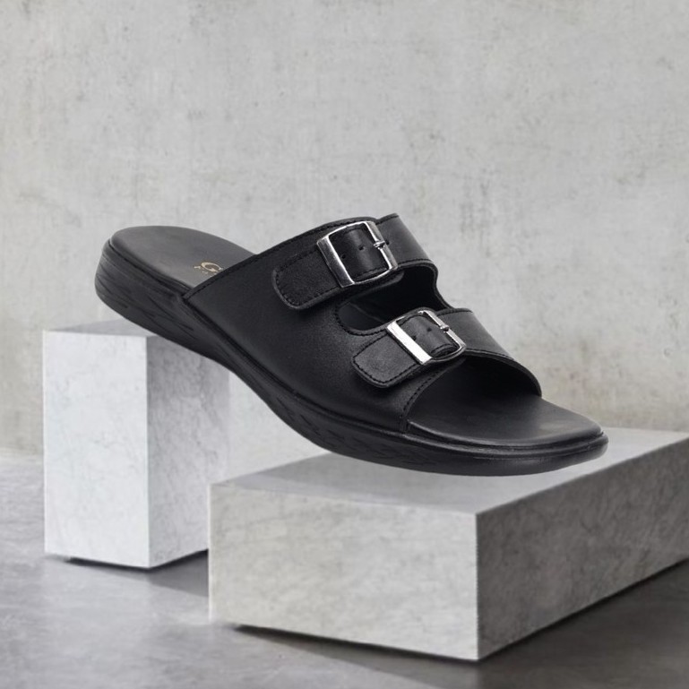 Mozza Black | Sendal Slide Kulit Original Santai Kasual Pria Cowok Sandal Footwear | FORIND x Greata