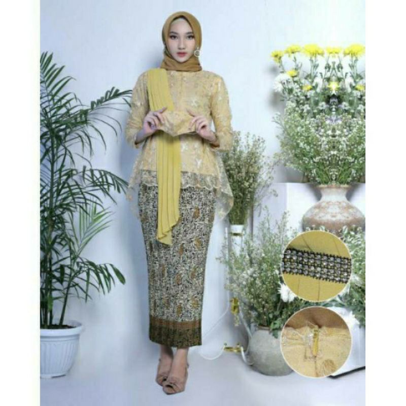 New kebaya tulle selendang maya ( free masker ) kebaya modern/kebaya kondangan/ baju kebaya/kebaya-Gold