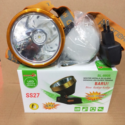 Senter Kepala Headlamp Sunpro SL-8808 Putih 10 Watt Charger bonus Lampu Bohlam - Senter Kepala LED Super Terang Bisa Berkedip Sampai Jarak 2000M