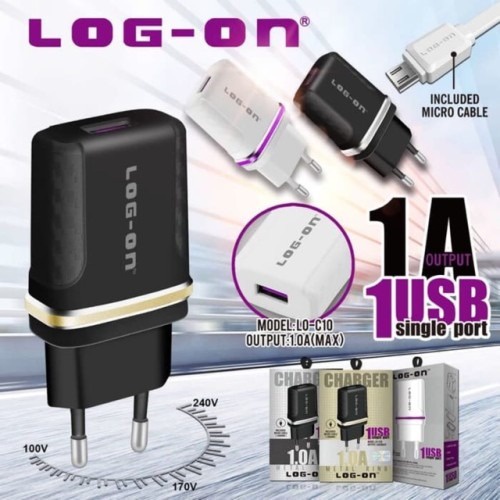 LOG-ON LO-C10 Charger 5V 1A 1USB Single Port Include MICRO USB &amp; LIGHTNING Cable Casan HP