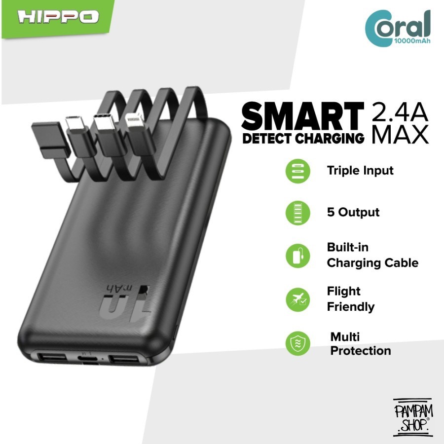 Hippo Power Bank Coral 10000 mAh 5 Port Output 2.4A Include Kabel Type C Micro USB Lightning Powrbank 10000mAh Original Ori