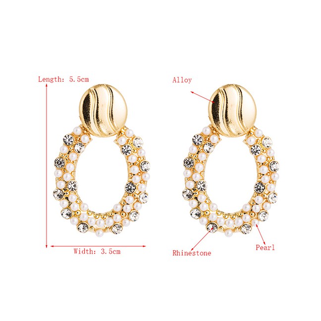 LRC Anting Tusuk Fashion Golden Pearl Rhinestone Oval Pierced Earrings D63844