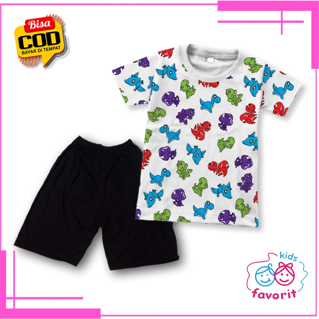 Favorit kids setelan baju anak laki laki dan anak perempuan lengan pendek gambar dino full print