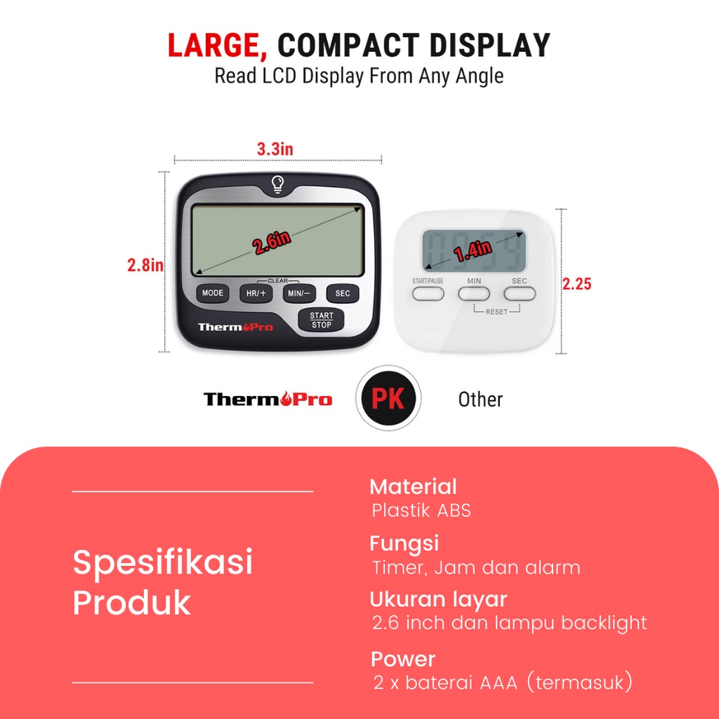 KITCHEN TIMER DAPUR WITH CLOCK MODE BACKLIGHT ALARM | THERMOPRO TM-01