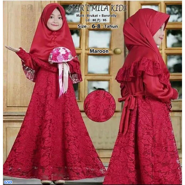 Syari mila brukat kids/maxi dress muslim anak brukat+bergo/baju gamis syari anak/terusan maxi hijab